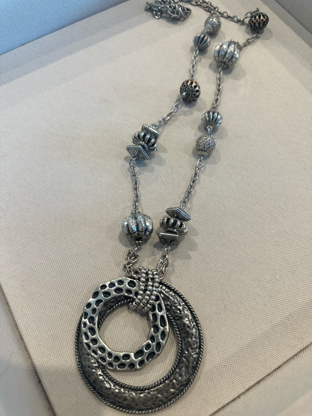Sterling-Tone Textured Double Circle Pendant Necklace - Silver